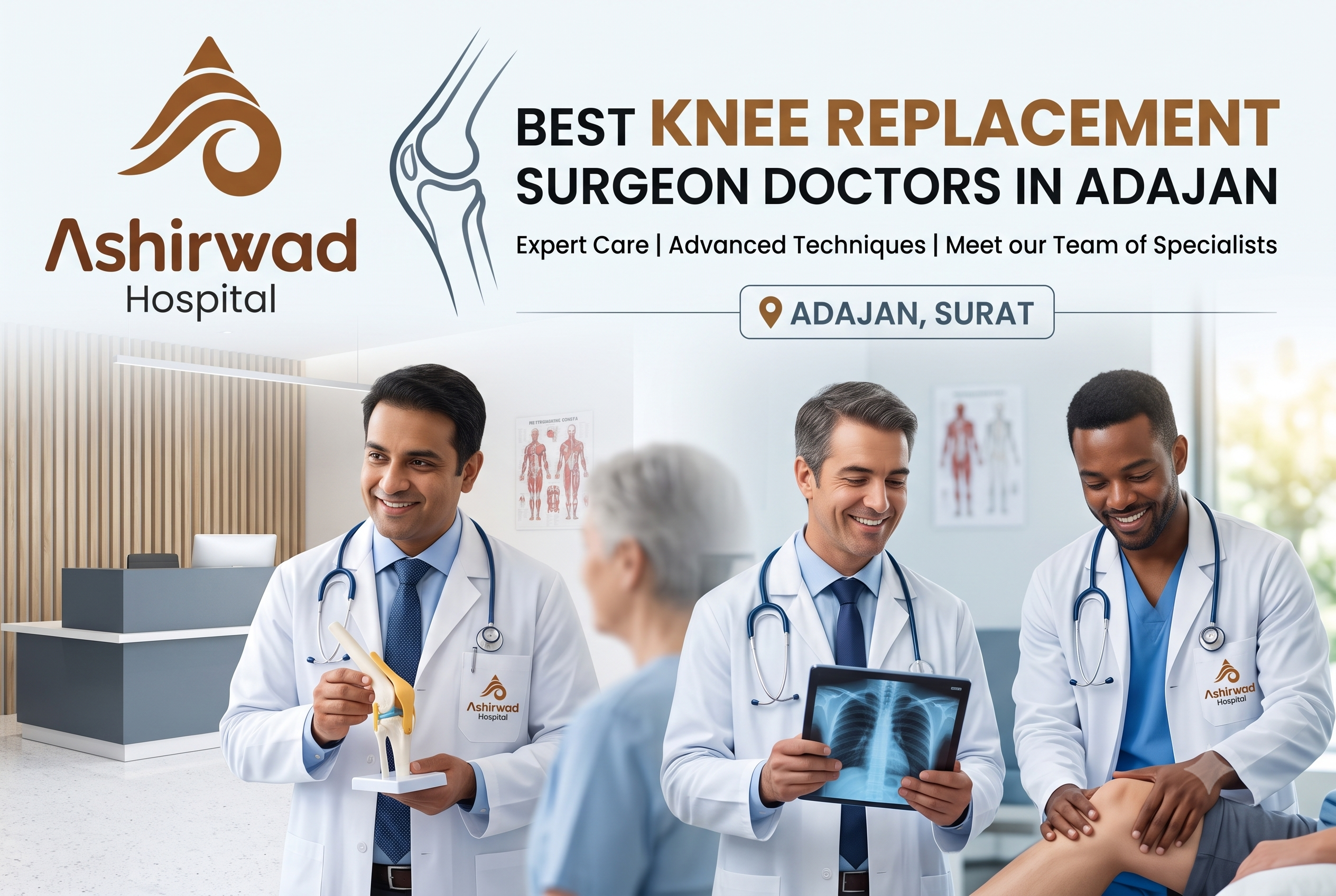 Best Knee Replacement Surgeon Doctors in Adajan Surat Knee pain that does not respond to medicines, injections or physiotherapy is one of the most common reasons people across Adajan, Surat search for a knee replacement surgeon. Adajan has grown into one of the busiest residential and commercial belts of Surat, and with that growth has come a rising number of residents, many of them senior citizens, dealing with osteoarthritis, ligament damage and joint degeneration. Choosing the right knee replacement surgeon in Adajan is not just about proximity to home. It is about surgical experience, implant quality, hospital infrastructure and a rehabilitation plan that actually gets you back on your feet. This guide walks you through everything you need to know before choosing a knee replacement surgeon doctor in Adajan, Surat, including what qualifications to check, which surgical techniques matter, what the procedure actually costs, and how to plan your recovery. If you or a family member are weighing this decision, this is written to help you make an informed one. Why Adajan Residents Need a Trusted Knee Replacement Surgeon Nearby Adajan is home to a large population of working professionals and elderly residents living in societies along Rander Road, L P Savani Road, and Adajan Gam. For elderly patients in particular, travelling long distances across Surat for pre-surgery consultations, the operation itself, and multiple follow up physiotherapy sessions can be physically exhausting and logistically difficult. Having an experienced knee replacement surgeon doctor based in or near Adajan means: Shorter travel time for pre-operative tests, X-rays and consultations Easier access for follow up visits during the critical first six weeks of recovery Family members can be present for daily hospital visits without long commutes Faster response in case of any post-surgical concern This is why more Adajan residents are now actively searching for "best knee replacement surgeon in Adajan" or "knee replacement doctor near Adajan Surat" rather than simply picking the first hospital name they come across. If you are also comparing options across the broader area, our detailed guide on the best orthopedic hospital in Adajan Surat covers hospital infrastructure and specialist availability in more depth. What Makes a Knee Replacement Surgeon "The Best" for Your Case The phrase "best knee replacement surgeon" gets used loosely in online listings, so it helps to know what actually separates a genuinely experienced orthopaedic surgeon from a generalist who occasionally performs joint replacements. Here is what to actually check. 1. Fellowship Training in Joint Replacement A general orthopaedic surgeon and a joint replacement specialist are not the same. Look for surgeons with dedicated fellowship training in hip and knee arthroplasty, ideally with additional certification in robotic or computer assisted knee replacement techniques. 2. Surgical Volume and Case History Surgeons who perform knee replacement surgery regularly, ideally handling both unilateral and bilateral knee replacement cases every month, tend to have better outcomes. Ask directly how many total knee replacement surgeries the surgeon has performed and how many were in the last year. 3. Access to Modern Implants and Techniques Implant technology has moved well beyond older fixed-bearing designs. A good knee replacement surgeon in Adajan should be able to explain the difference between conventional total knee replacement and robotic assisted knee replacement, and help you choose based on your bone quality, age and activity level, not just push the most expensive option. For a side by side breakdown, read our detailed comparison on robotic versus conventional knee replacement written specifically for South Gujarat patients. 4. Hospital Infrastructure The surgeon is only one part of the equation. The hospital needs a dedicated orthopaedic operation theatre, a critical care unit for post-surgical monitoring, an in-house physiotherapy department, and a nursing team trained specifically in joint replacement aftercare. 5. Transparent Communication and Realistic Expectations A trustworthy knee replacement doctor will never promise a pain-free surgery or an unrealistic recovery timeline. Instead, they will walk you through the actual risks, the expected recovery milestones week by week, and what your specific X-rays and knee condition indicate. Signs You May Need to Consult a Knee Replacement Surgeon Not every knee pain requires surgery. Many patients manage symptoms for years with medication, weight management, and physiotherapy. However, certain signs point toward the need for a proper orthopaedic evaluation, and possibly surgery. Persistent knee pain that continues even at rest or disturbs sleep Visible deformity or bowing of the leg (varus or valgus knee) Difficulty walking more than a short distance without pain Stiffness that limits bending the knee beyond 90 degrees Swelling that does not reduce with rest and medication X-rays showing significant joint space narrowing or bone-on-bone contact Reduced response to physiotherapy, injections or oral medication over 6 or more months If two or more of these apply to you, it is worth booking a consultation rather than waiting further, since delayed treatment can sometimes lead to greater muscle weakness and a longer recovery period after eventual surgery. Our detailed article on signs you need knee replacement surgery breaks this down further with stage-wise guidance. Types of Knee Replacement Surgery Available Near Adajan Knee replacement surgeons in and around Adajan typically offer the following procedures, and the right one depends entirely on how much of the knee joint is damaged. Total Knee Replacement (TKR) The most common procedure, where the entire damaged joint surface is replaced with a metal and polyethylene implant. Recommended when arthritis has affected the whole knee joint, not just one section. Partial (Unicompartmental) Knee Replacement Suitable when damage is limited to one compartment of the knee, usually the inner side. This preserves more of the natural knee and often allows a faster recovery, but only a smaller subset of patients qualify based on their X-ray findings. Bilateral Knee Replacement For patients with arthritis in both knees, surgeons may recommend either simultaneous bilateral surgery or a staged approach a few weeks apart, depending on age, fitness level and cardiac clearance. Our guide on bilateral knee replacement explains how surgeons decide between the two approaches. Robotic Assisted Knee Replacement Uses a robotic arm system to help the surgeon achieve more precise bone cuts and implant alignment based on the patient's individual anatomy, which can translate into better joint balance and a potentially smoother recovery. Revision Knee Replacement For patients who had a prior knee replacement that has worn out, loosened or become infected. This is a more complex procedure and should only be handled by a surgeon experienced specifically in revision arthroplasty. Step by Step: What to Expect When You Consult a Knee Replacement Surgeon in Adajan Understanding the process in advance helps reduce the anxiety many patients feel before their first orthopaedic consultation. Initial consultation and physical examination. The surgeon checks your range of motion, gait, alignment and pain triggers, and reviews your medical history. Imaging and diagnostics. Weight bearing X-rays are standard, and in some cases an MRI or CT scan is ordered to assess soft tissue and bone quality more precisely. Non-surgical trial, if applicable. If your case is borderline, the surgeon may first suggest physiotherapy, weight management, or injections before recommending surgery. Pre-surgical fitness assessment. This includes blood tests, ECG, and clearance from an anaesthetist and sometimes a cardiologist, particularly for patients above 60. Surgery planning and implant selection. The surgeon discusses implant type, whether robotic assistance is suitable, and expected hospital stay duration. The surgery itself. Typically completed within 60 to 90 minutes per knee, under spinal or general anaesthesia. In-hospital recovery. Most patients are encouraged to start standing and taking a few assisted steps within 24 to 48 hours as part of enhanced recovery protocols. Discharge and home care planning. The team provides a wound care plan, medication schedule, and a physiotherapy roadmap before you go home. If you are preparing for surgery, our home prep checklist for knee surgery recovery is a practical resource to read before admission. Knee Replacement Cost Near Adajan, Surat Cost is one of the biggest factors patients ask about, and it genuinely varies based on several elements. Implant type: Standard versus high-flex versus specialised implants for younger or more active patients Unilateral versus bilateral surgery: Bilateral surgery costs more per admission but can save on hospital stay costs compared to two separate admissions Room category: General ward, semi-private, or private room selection affects the overall bill Surgical approach: Robotic assisted procedures typically carry a higher cost than conventional technique due to the technology involved Post-surgical physiotherapy sessions: Some hospitals bundle a fixed number of sessions into the package, others charge separately For a complete price breakdown specific to Surat in 2026, see our detailed guide on joint replacement cost in Surat, which lists cost ranges by category. Ayushman Bharat and PMJAY Coverage Many Adajan residents are eligible for cashless knee replacement surgery through the Ayushman Bharat PMJAY scheme or the Gujarat state health scheme, which can cover a significant portion or the entire cost of surgery for eligible cardholders. Our page on PMJAY joint replacement coverage in Gujarat explains eligibility and the documentation required. Patients with private insurance can also check our guide on cashless surgery insurance near Adajan to understand the cashless claim process. Recovery Timeline After Knee Replacement Surgery Recovery does not happen overnight, and setting realistic expectations makes the process far less stressful for both the patient and their family. Day 1 to 2: Assisted standing and short walks with a walker, pain managed through medication Week 1 to 2: Stitches or staples removed, walking distance gradually increases, swelling begins to reduce Week 3 to 6: Most patients transition from walker to a stick, and begin structured physiotherapy focused on knee bending and strengthening Week 6 to 12: Return to most daily activities including light household work and short outdoor walks Month 3 to 6: Muscle strength continues improving, most patients can resume driving, travel, and low-impact activities with surgeon approval For a detailed week by week breakdown, our knee replacement recovery timeline guide covers what to expect at each stage in more depth. The Role of Physiotherapy After Surgery Physiotherapy is not optional after knee replacement. It directly determines how well the new joint moves and how quickly muscle strength returns. A structured physiotherapy plan usually starts within 24 hours of surgery and continues for 6 to 12 weeks, sometimes longer for patients with bilateral surgery or additional health conditions. Read our full guide on physiotherapy after joint replacement to understand what the sessions typically involve. Questions to Ask Before Choosing Your Knee Replacement Surgeon Before finalising a surgeon or hospital for your knee replacement in Adajan, it helps to ask these direct questions during your consultation. How many knee replacement surgeries have you personally performed in the last 12 months? Do you recommend robotic assisted or conventional technique for my specific case, and why? What implant brand do you use, and what is its expected lifespan? What is the expected hospital stay duration for my case? Is a dedicated physiotherapy team available in-house after surgery? What is the estimated total cost, including implant, surgery, room and physiotherapy? Am I eligible for Ayushman Bharat, PMJAY or cashless insurance coverage? What complications, however rare, should I be aware of? Asking these questions upfront prevents surprises later and helps you compare surgeons on substance rather than just marketing claims. Choosing a Knee Replacement Surgeon for Nearby Areas If you live slightly outside Adajan but within easy travelling distance, the same evaluation criteria apply. Patients from Vesu and City Light frequently travel to Adajan area hospitals for joint replacement care, and our guide on knee replacement surgery for patients in Vesu and City Light covers this in more detail. Similarly, if you are researching hospitals near L P Savani Road specifically, our page on the orthopedic hospital near L P Savani Road, Adajan may help narrow your search further, and our dedicated page on the best knee replacement doctor near Adajan lists specific surgeon profiles for the area. Why Patients in Adajan Choose Ashirwad Hospital for Knee Replacement Ashirwad Hospital serves patients across Adajan, Rander Road, L P Savani Road and the wider South Gujarat region with a dedicated orthopaedic and joint replacement program. The hospital offers both conventional and robotic assisted knee replacement techniques, an in-house physiotherapy department for structured post-surgical rehabilitation, and support for Ayushman Bharat, PMJAY and major private insurance cashless claims. Patients considering knee replacement in Adajan are encouraged to book a consultation to get a proper clinical assessment of their knee X-rays, discuss suitable implant options, and receive a transparent cost estimate before making any decision. Frequently Asked Questions Who is the best knee replacement surgeon in Adajan, Surat? The best knee replacement surgeon in Adajan is one with dedicated fellowship training in joint replacement, a high annual surgical volume, access to modern implant technology and a hospital offering structured physiotherapy support. Credentials matter more than proximity alone. How much does knee replacement surgery cost in Adajan, Surat? Cost depends on implant type, whether the surgery is unilateral or bilateral, room category and surgical technique. Ayushman Bharat and PMJAY cardholders may be eligible for full or partial cashless coverage. Is robotic knee replacement available near Adajan? Yes, several hospitals serving the Adajan area, including Ashirwad Hospital, offer robotic assisted knee replacement alongside conventional technique, allowing surgeons to choose the best fit based on each patient's anatomy. How long does it take to fully recover after knee replacement surgery? Most patients walk with support within 24 to 48 hours, resume most daily activities within 6 to 12 weeks, and reach full muscle strength recovery by 3 to 6 months post-surgery. Can both knees be replaced at the same time? Yes, bilateral knee replacement can be performed simultaneously or in a staged manner a few weeks apart, depending on the patient's age, fitness level and medical clearance. Do I need a second opinion before knee replacement surgery? It is reasonable and often recommended, especially if you have already been evaluated elsewhere. Getting a second clinical opinion on your X-rays and treatment plan can help confirm the right course of action before surgery. If you are ready to take the next step, book a consultation with the orthopaedic team at Ashirwad Hospital to get a personalised evaluation for your knee condition.